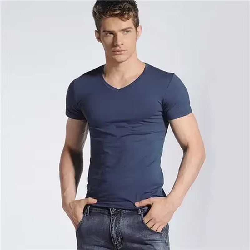 Men'S V-Neck Solid Color T-Shirt Slim Fit Summer Inner White Base Layer Top Smooths Your Silhouette Short Sleeves
