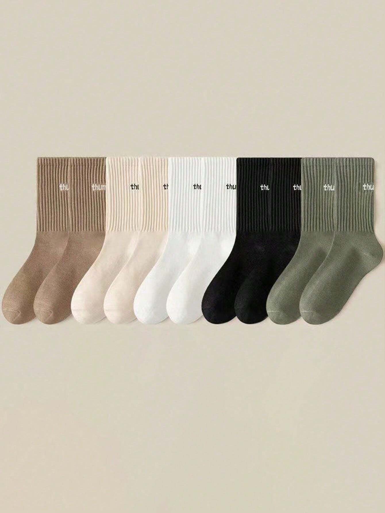 5Pairs/Set Men'S Mid-Calf Socks with Letter & Heel Detail, Fall