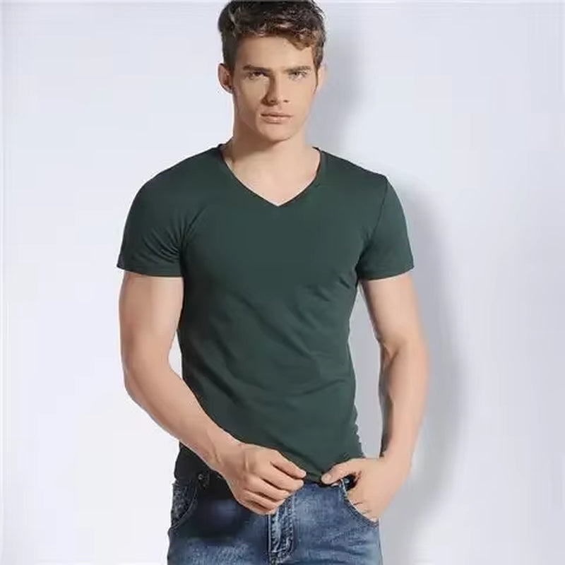 Men'S V-Neck Solid Color T-Shirt Slim Fit Summer Inner White Base Layer Top Smooths Your Silhouette Short Sleeves