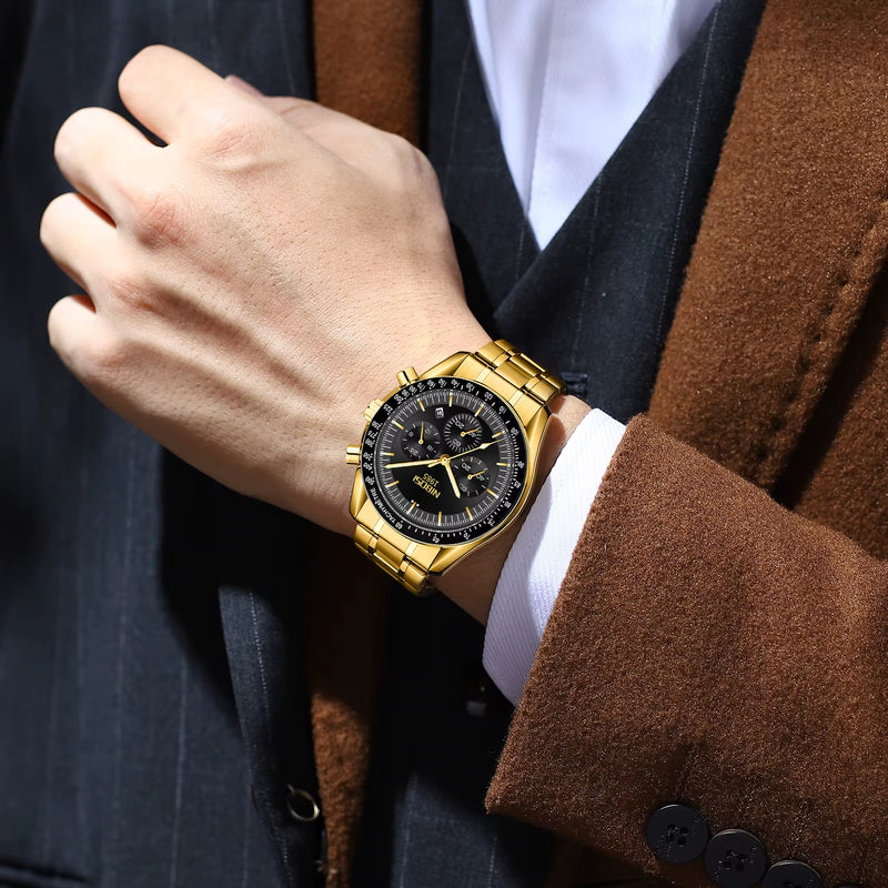 Men'S Stainless Steel Chronograph Watch Big Face Analog Quartz Watch Luxury Waterproof Date Dress Watch for Men Relogio